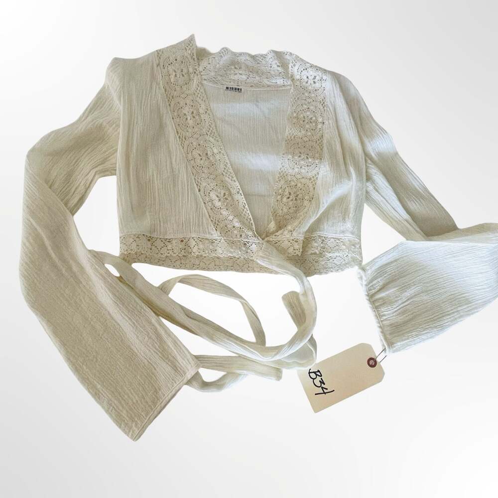 Vintage Cream White Lace Trim Bell Sleeve Crop Wrap Top Blouse - Picture 3 of 7